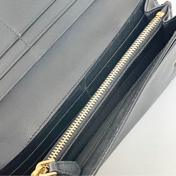 Prada black saffiano leather triangle long snap wallet sleek gold - Picture 6 of 11